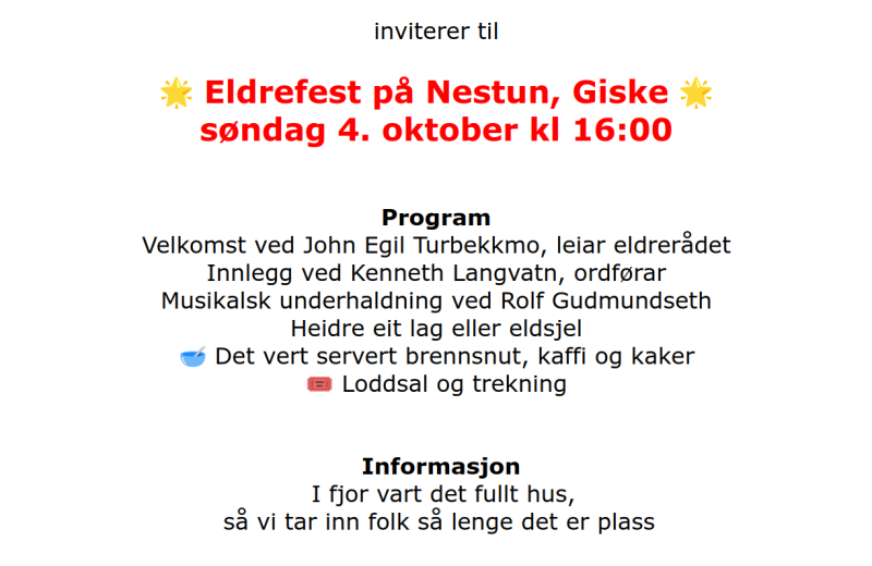 Lenkje til artikkel: Eldrefest på Nestun, Giske søndag 4. oktober kl 16:00