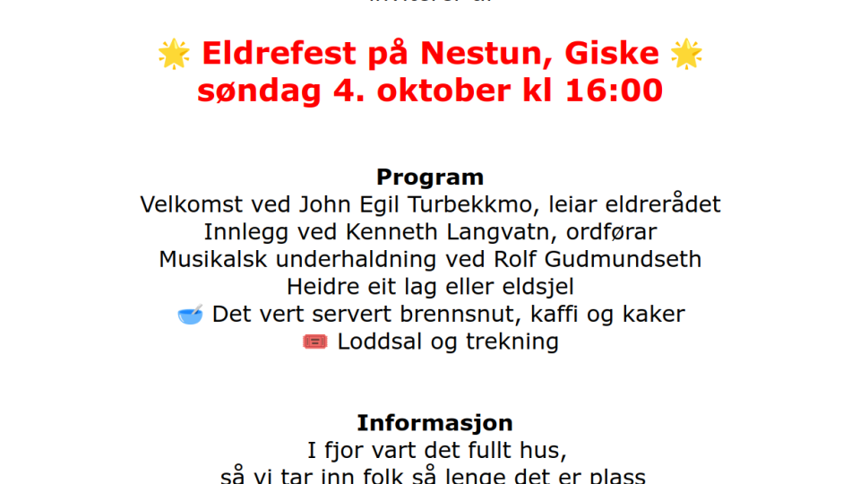 Lenkje til artikkel: Eldrefest på Nestun, Giske søndag 4. oktober kl 16:00