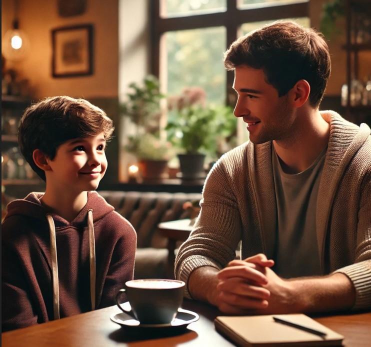 Støttekontakt på kafe med ungdom - Klikk for stort bilete